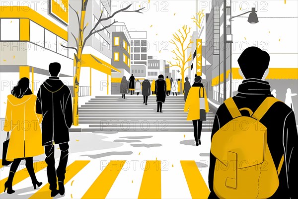 Stylized urban illustration of pedestrians in a city with a yellow color scheme, illustration, AI generated