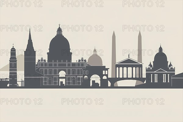 Silhouette of famous landmarks against a beige monochromatic background, illustration, AI generated