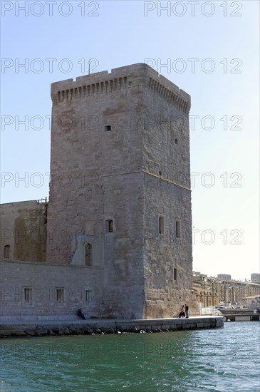 Marseille, Old fortress tower on the shore with clear sky in the background, Marseille, Departement Bouches-du-Rhone, Region Provence-Alpes-Cote d'Azur, France, Europe