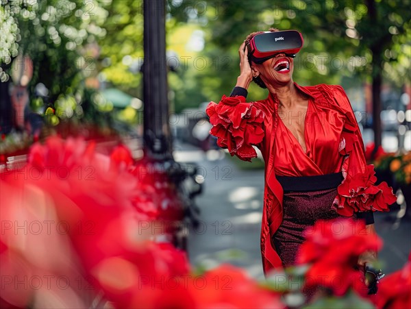 A joyful individual wearing a VR headset is surrounded by vivid flowers on a lively street, AI generated