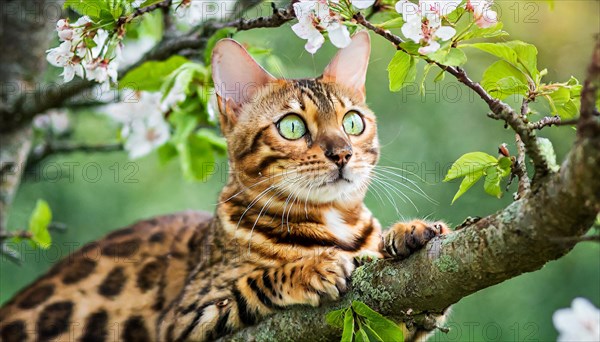 AI generated, animal, animals, mammal, mammals, cat, felidae (Felis catus), a cat resting on a branch in a tree, spring, tree blossom