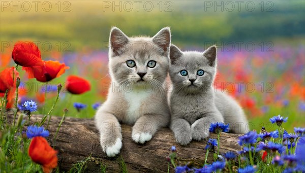 KI generated, animal, animals, mammal, mammals, cat, felidae (Felis catus), two kittens resting on a tree trunk, flower meadow, spring, summer