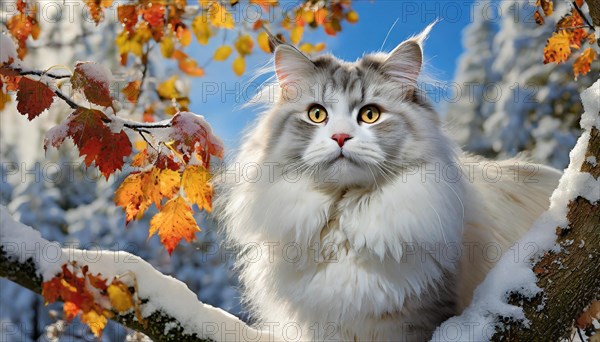 AI generated, animal, animals, mammal, mammals, cat, felidae (Felis catus), a grey and white American Forest Cat, sitting in a tree, autumn, autumn leaves, snow, onset of winter