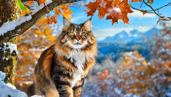 AI generated, animal, animals, mammal, mammals, cat, felidae (Felis catus), a colourful American Forest Cat, sitting in a tree, autumn, autumn leaves, snow, onset of winter