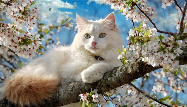 Ai generated, animal, animals, mammal, mammals, cat, cats, Maine-Coon-Cat, Main, Coon, Felis catus), a white American Forest Cat, lies in the tree