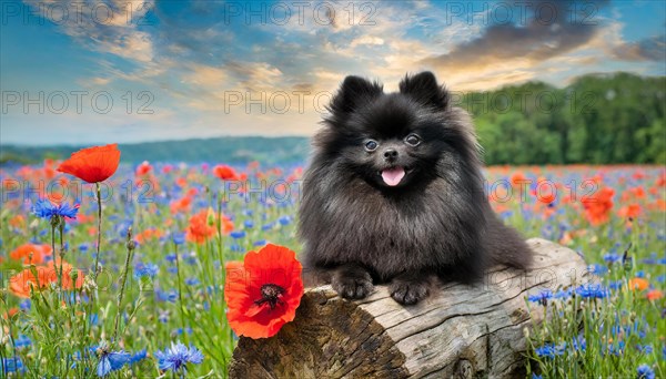 Ai generated, animal, animals, mammal, mammals, a, single animal, dwarf spitz, Spitz, (Canis lupus familiaris), dog, dogs, bitch, Pomeranians, a black dwarf spitz lies on a tree in a flower meadow