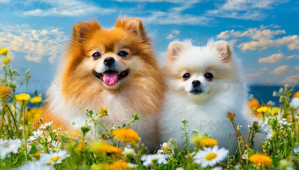 KI generated, animal, animals, mammal, mammals, a, single animal, dwarf spitz, Spitz, (Canis lupus familiaris), dog, dogs, bitch, Pomeranians, bitch with young, puppy, flower meadow, portrait, frontal