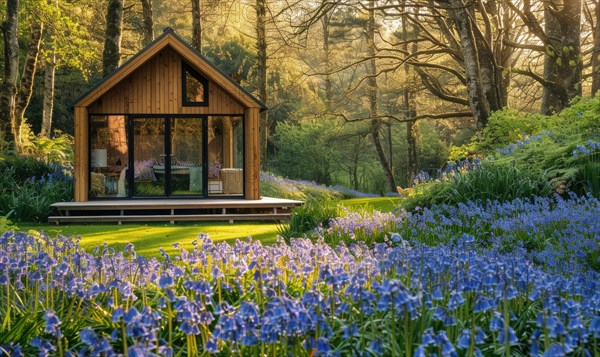 A serene modern wooden cabin surrounded by a lush carpet of bluebells and forget-me-nots in a peaceful spring garden AI generated