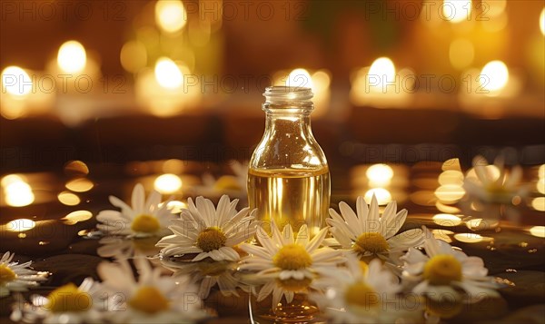 Chamomile essential oil in a dropper bottle, closeup view, skin care cosmetic background AI generated