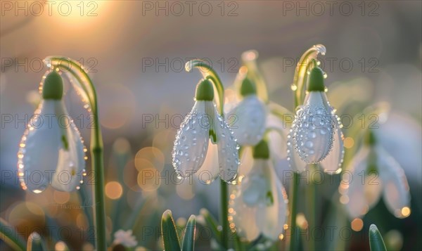 Close-up of snowdrops with dewdrops, spring nature background AI generated