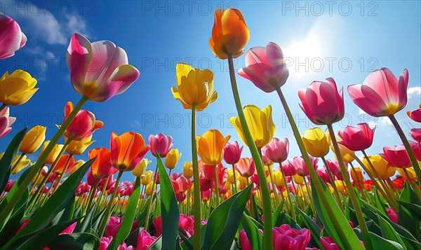 Field of vibrant tulips, spring nature, tulip background AI generated