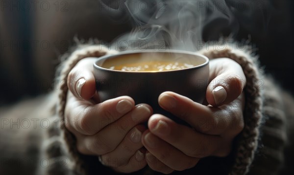 Hands holding a cup of steaming tea, close up view AI generated