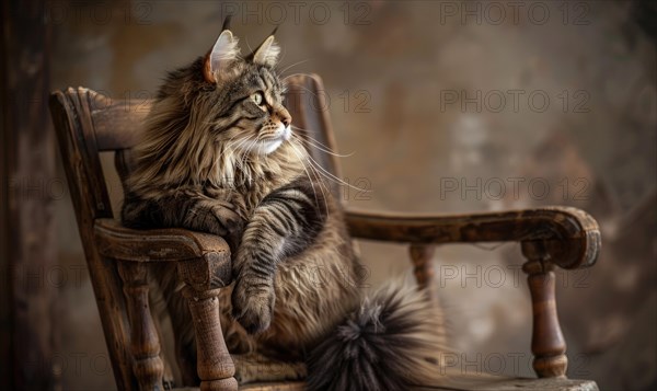 Maine Coon cat perched gracefully on a vintage wooden chair AI generated