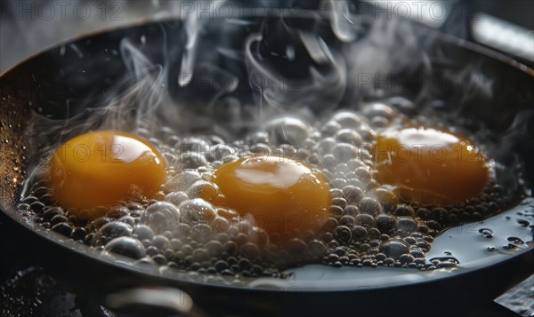 Eggs frying in a sizzling pan, close up AI generated