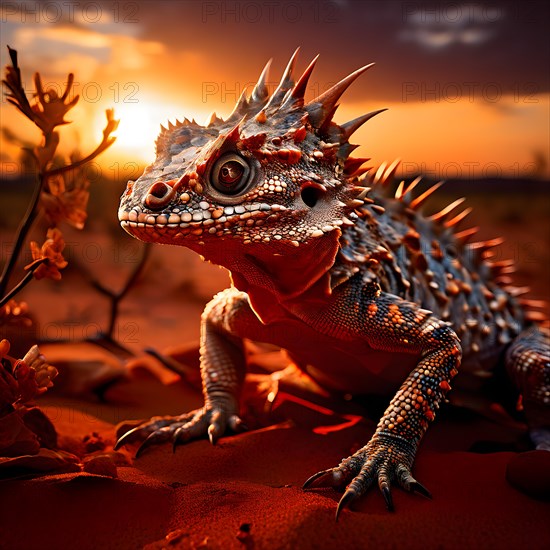 Horned lizard in perfect camouflage with the desert floor basking under the warm glow of the sonora desert, AI generated