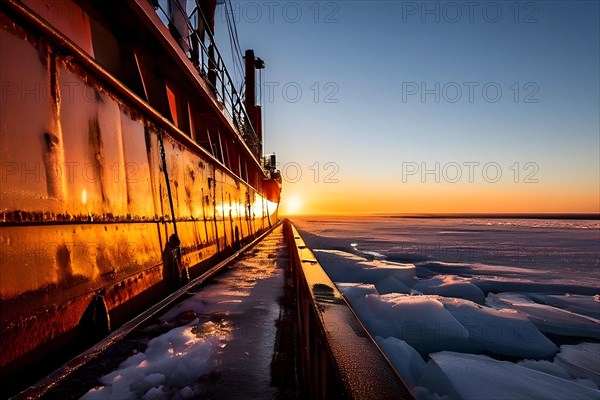 Icebreaker ship carving a path through thick ice of the polar region, AI generated