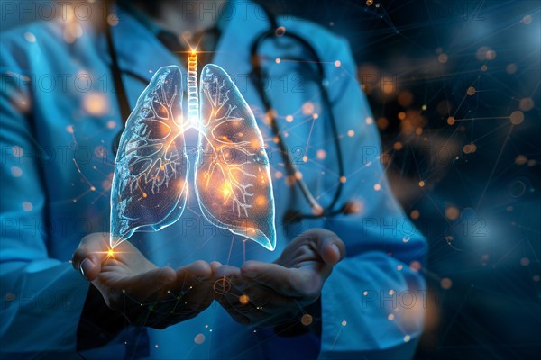 Doctor's hands holding virtual image of human lung. KI generiert, generiert, AI generated