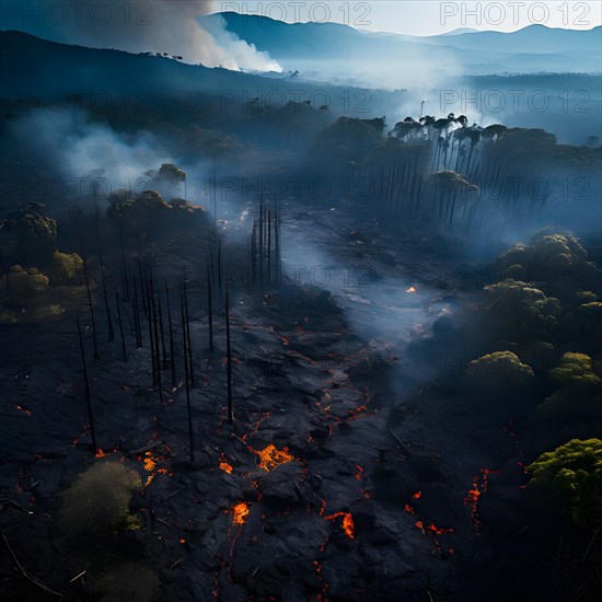 Charred tree skeletons in a smoke filled landscape remnants of a forest fire ignited by lava flow, AI generated