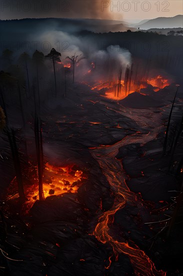 Lava destroying charred tree skeletons in a smoke filled landscape remnants of a forest fire ignited by lava flow, AI generated