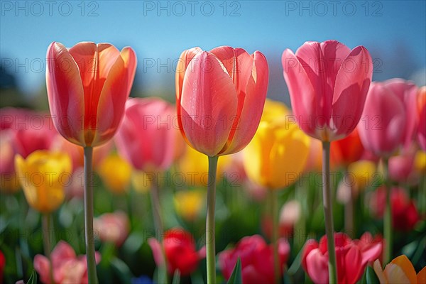 Colorful pink, red, and yellow tulips stand tall in a vibrant garden, AI generated