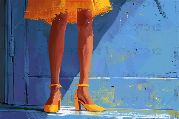 Dynamic illustration of a woman in a yellow dress and orange high heels against a blue background, AI generated