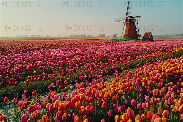 Expansive pink and red tulip field with a classic Dutch windmill under a clear sky, AI generated