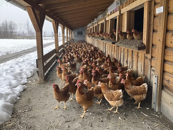A row of hens inside a wooden coop, with a winter landscape and snow outside, AI generiert, AI generated
