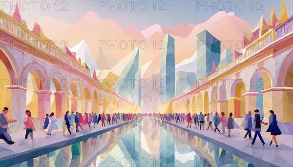 Colorful depiction of an urban scene with pedestrians walking under arches with reflections on the ground, low poly style, AI generated