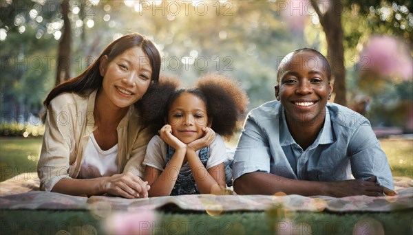 Mother and child smiling and bonding outdoors with a backdrop of sunlit greenery, AI generated