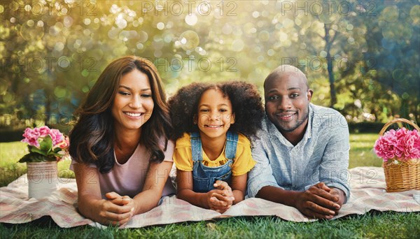 A joyful family on a picnic outdoors, sharing a sunny day together with happy expressions, AI generated