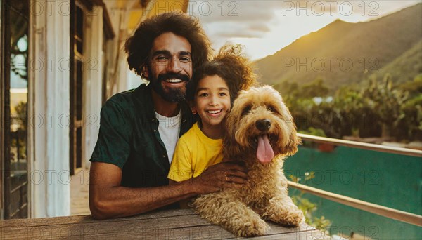 A man and a little girl are posing with a dog. The dog is wagging its tail and the girl is smiling. Scene is happy and joyful, AI generated