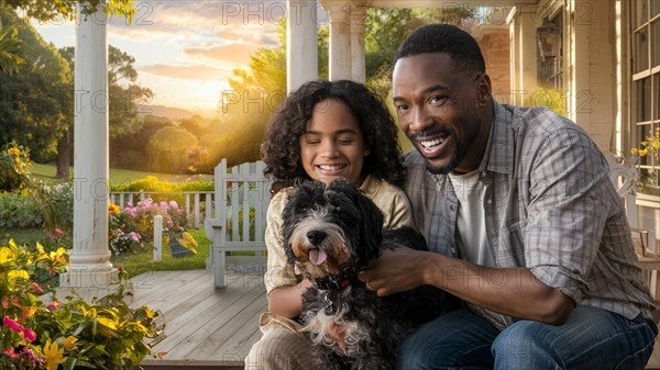 Smiling black man and daughter with their dog sitting on a porch surrounded by flowers, AI generated