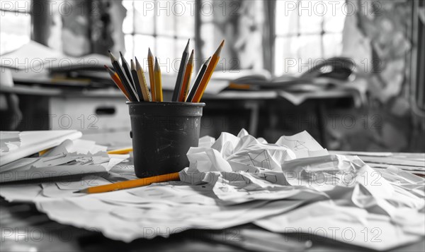 Graphite pencils arranged in a cup on a desk, surrounded by crumpled sheets of discarded white paper AI generated