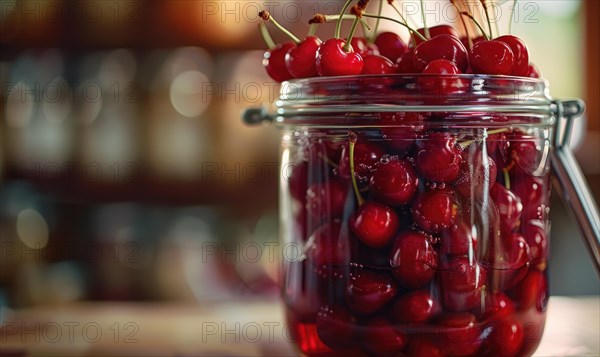 Ripe cherries showcased in a glass jar filled with clear syrup AI generated