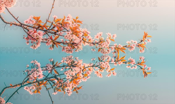 Springtime cherry blossoms in full bloom, cherry blossoms reflected on the calm surface of the lake AI generated