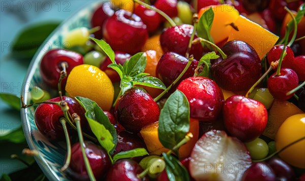 A vibrant fruit salad with ripe cherries AI generated