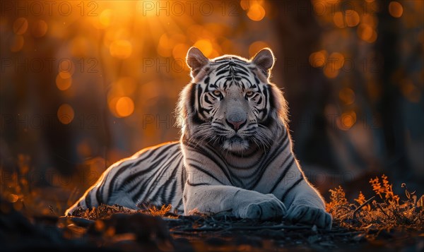 A white tiger basking in the warm glow of the setting sun AI generated