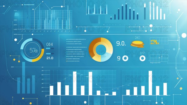 Financial analytics dashboard with a variety of graphs and statistics presented in blue and yellow, ai generated, AI generated