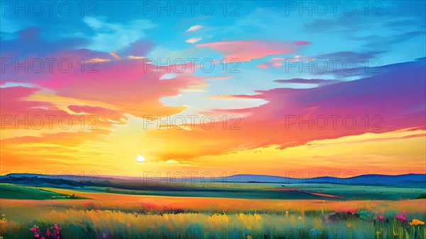 AI generated abstract painting of grasslands under a blazing sunset waves of greens