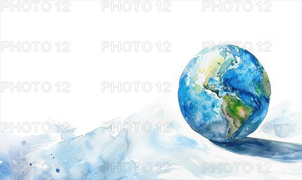 Watercolor illustration of Earth globe suspended in a clear blue sky AI generated