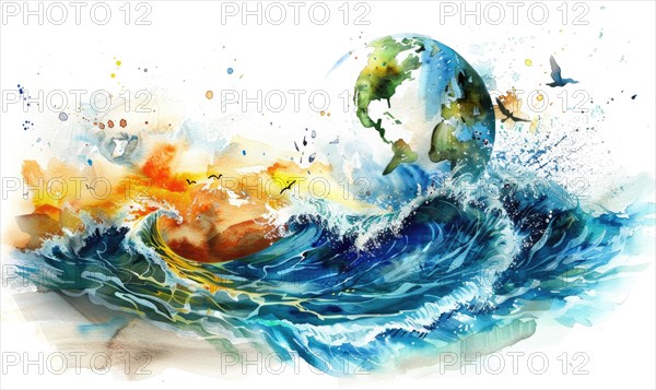 Earth globe in ocean waves, ecology and environment AI generated