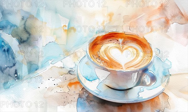 Soft watercolor artwork of a coffee cup and saucer with a heart-shaped latte art AI generated