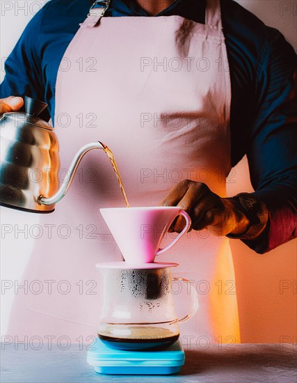 Person with apron manually brewing coffee, pouring water from kettle into a coffee filter, Vertical aspect ratio, AI generated