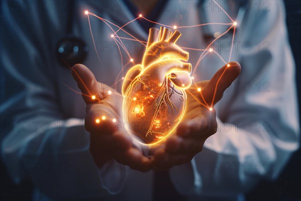 Doctor's hands holding virtual glowing image of human heart. KI generiert, generiert, AI generated