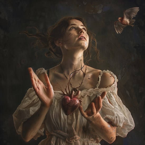 Woman in an imaginative scene with glowing heart and flying doves, AI generated