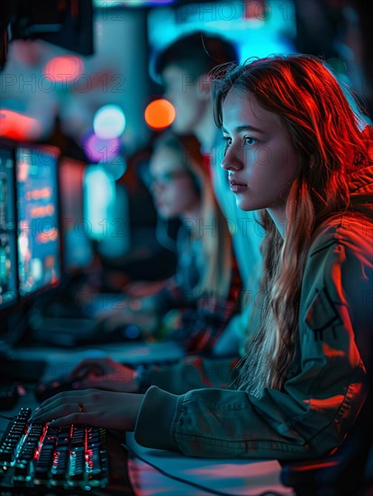 Focused woman engaging in competitive gaming at a computer setup with neon illumination, AI generated