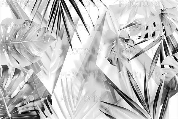 Black and white abstract design of tropical plant leaves creating a dense foliage pattern, illustration, AI generated