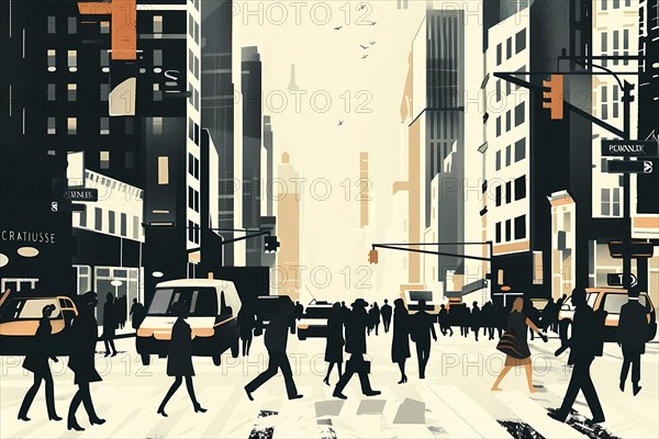 Illustration of busy urban intersection with crossing pedestrians and cars, illustration, AI generated