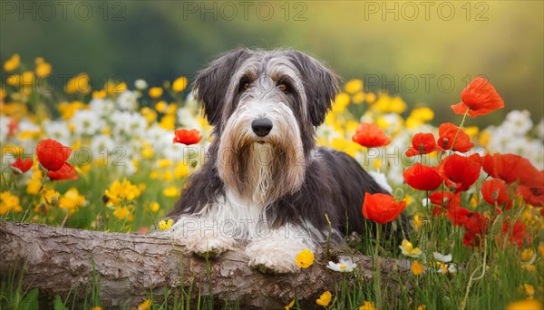 Ai generated, animal, animals, mammal, mammals, a, single animal, bobtail, (Canis lupus familiaris), dog, dogs, bitch, dog breed from England, a single animal, lies on a tree trunk, portrait, freontal