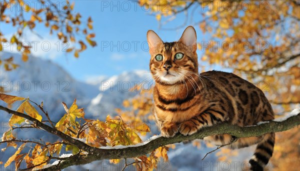 AI generated, animal, animals, mammal, mammals, cat, felidae (Felis catus), a cat resting on a branch in a tree, autumn, snow, onset of winter